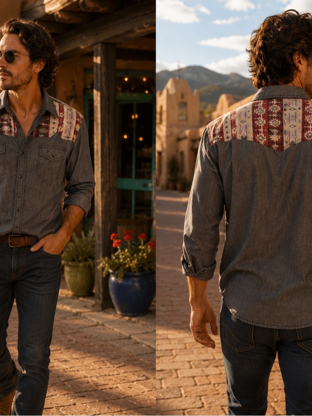 Moon Shine Spirit Western Aztec Chambray Shirt – Men’s Large